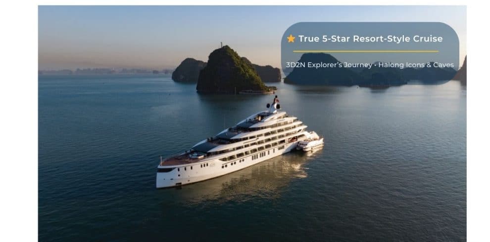Luxurious yacht cruising Halong Bay, Vietnam, on a 5-star resort-style cruise experience.