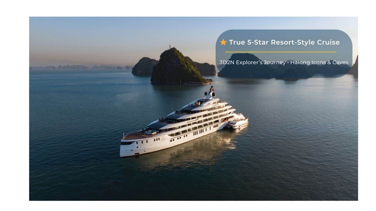Luxurious yacht cruising Halong Bay, Vietnam, on a 5-star resort-style cruise experience.