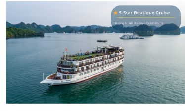 Luxurious Halong Bay cruise ship with scenic views and relaxing amenities.