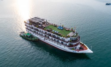 Luxurious cruise ship on calm waters in Vietnam.