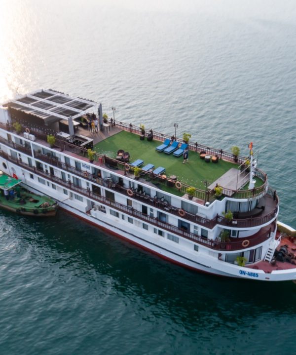Luxurious cruise ship on calm waters in Vietnam.