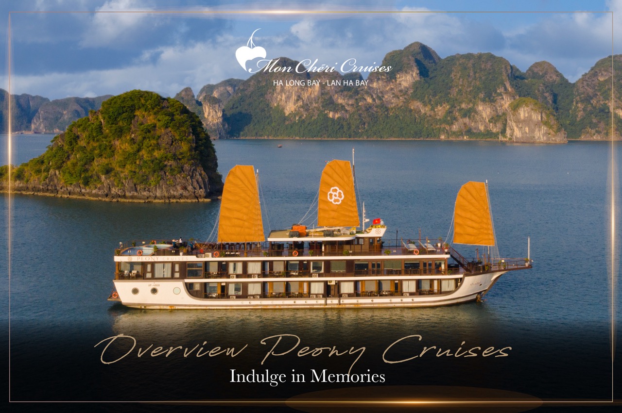Peony Cruise Halong Bay - Golden sails meet emerald islands—Peony Cruises gliding across Lan Ha Bay. Create your tailor-made voyage with ViettrendTour. WhatsApp +84 898 265 688.