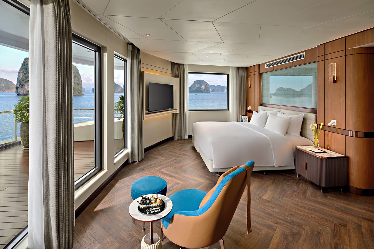 Luxurious sea-view hotel room with balcony in Vietnam.