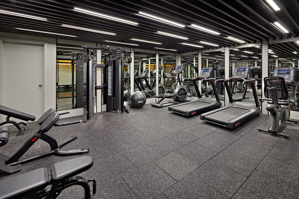 Modern gym with cardio machines and strength equipment for fitness enthusiasts.