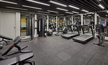 Modern gym with cardio machines and strength equipment for fitness enthusiasts.