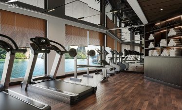 Modern gym with scenic water view, state-of-the-art equipment, fitness room at ViettrendTour.