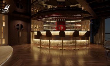 Luxurious hotel bar with modern decor, ambient lighting, and a fully stocked beverage selection. Perfect for relaxing and enjoying drinks.