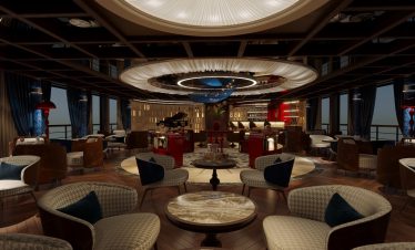 Elegant cruise lounge with luxurious seating and panoramic city views at night.