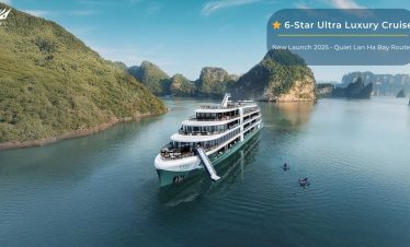Luxurious 6-star cruise on Halong Bay, Vietnam with stunning limestone islands.