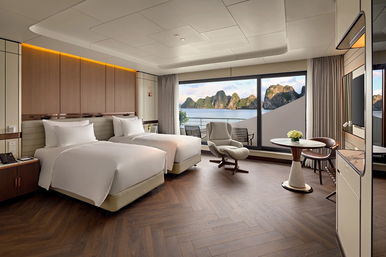 Luxurious hotel room with ocean view and modern decor, perfect for relaxing vacations in Vietnam.