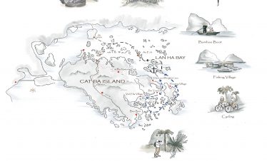 Colorful hand-drawn map of Cat Ba Island with key attractions and activities for tourists.