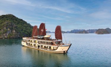 Traditional Vietnamese Junk Boat on Halong Bay, Vietnam.