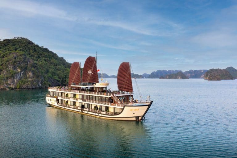 Traditional Vietnamese Junk Boat on Halong Bay, Vietnam.