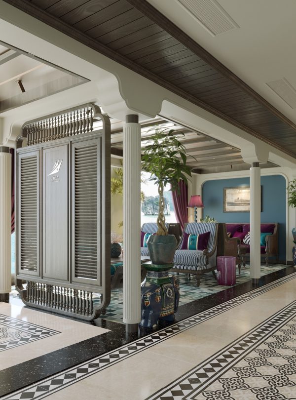 Luxurious tropical hotel lobby with ocean view, elegant furniture, and vibrant decor.