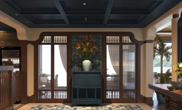 Elegant luxury resort interior with tropical decor and botanical accents for a relaxing vacation.