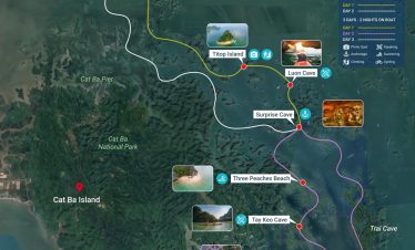1. Scenic island cruise map in Vietnam with kayaking, snorkeling, and cave explore options.