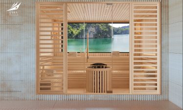 Relaxing wooden sauna with scenic water view and lush greenery in the background.