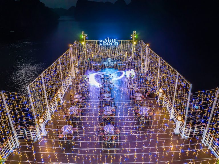 Celebrate under thousands of lights on the sundeck in Lan Ha Bay, Vietnam. Make your event unforgettable with ViettrendTour—WhatsApp (+84) 898265688.
