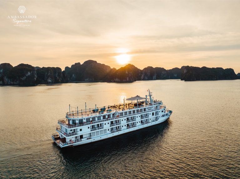 Golden-hour sailing on Lan Ha Bay with Ambassador Signature — relaxed vibes, premium service, unforgettable views. Message ViettrendTour on WhatsApp (+84) 898265688 to book.