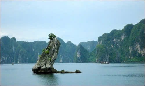 Limestone karst island in Ha Long Bay, Vietnam with scenic water views.