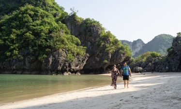 Secluded beach with lush green cliffs and clear water, ideal for tropical island adventures.