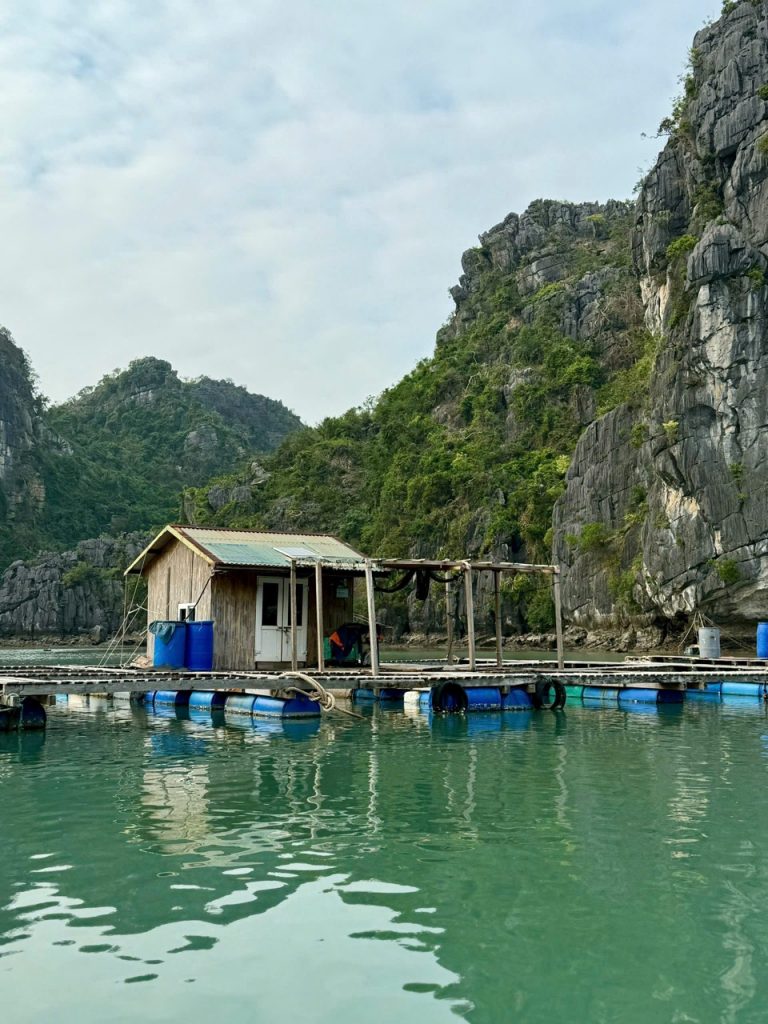 Floating fishing house on scenic water surrounded by limestone cliffs and lush greenery.