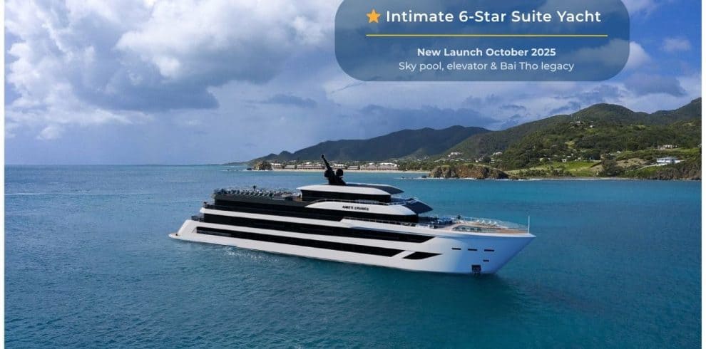 Luxury 6-star suite yacht with sky pool and elevator in Vietnam, launching October 2025.
