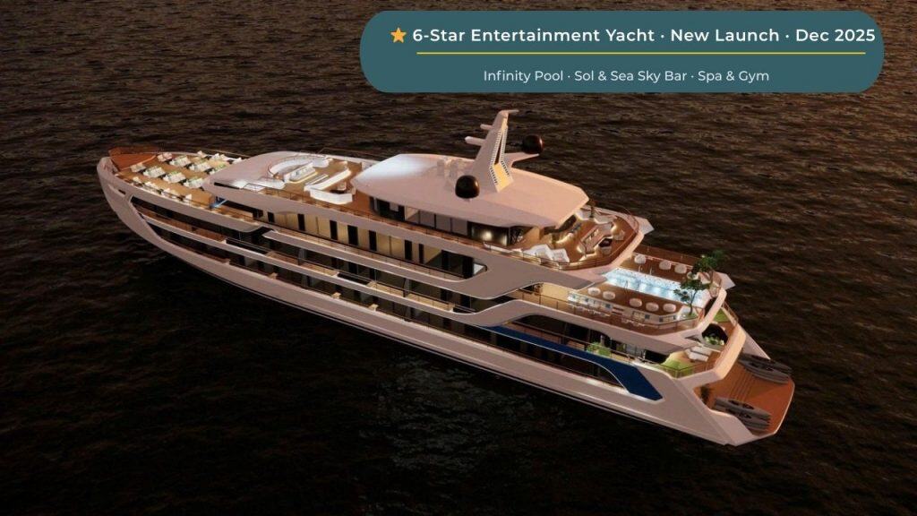 Luxurious 6-star entertainment yacht with infinity pool, sea sky bar, spa, gym, launching Dec 2025.