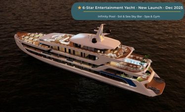 Luxurious 6-star entertainment yacht with infinity pool, sea sky bar, spa, gym, launching Dec 2025.