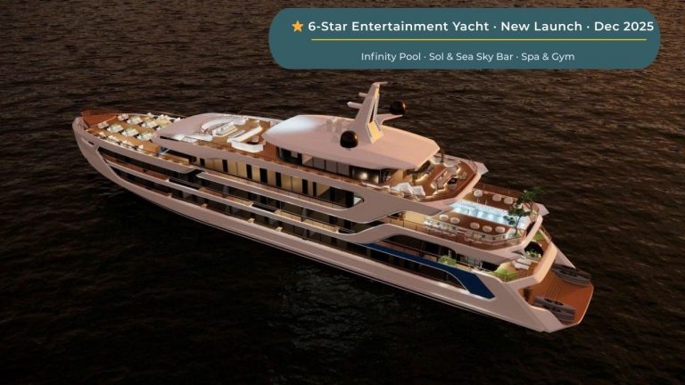 Luxurious 6-star entertainment yacht with infinity pool, sea sky bar, spa, gym, launching Dec 2025.