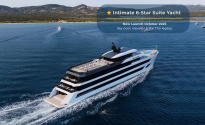 Luxurious 6-star yacht with sky pool and private deck, launching October 2025 in Vietnam.