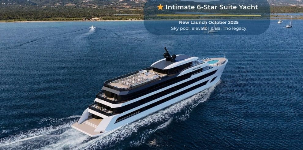 Luxurious 6-star yacht with sky pool and private deck, launching October 2025 in Vietnam.