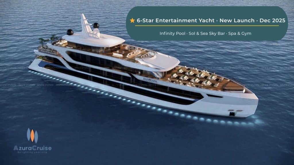 Luxury 6-star yacht with infinity pool, sky bar, spa, gym, launching Dec 2025.