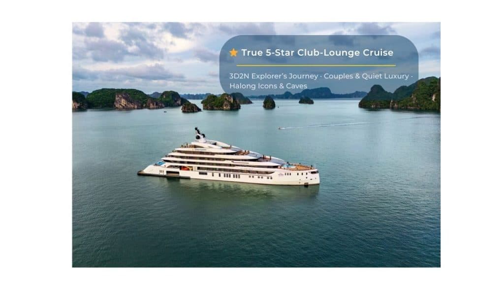 Luxury yacht cruising Halong Bay on a 5-star lounge cruise.