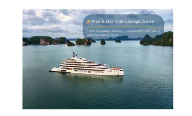 Luxury yacht cruising Halong Bay on a 5-star lounge cruise.