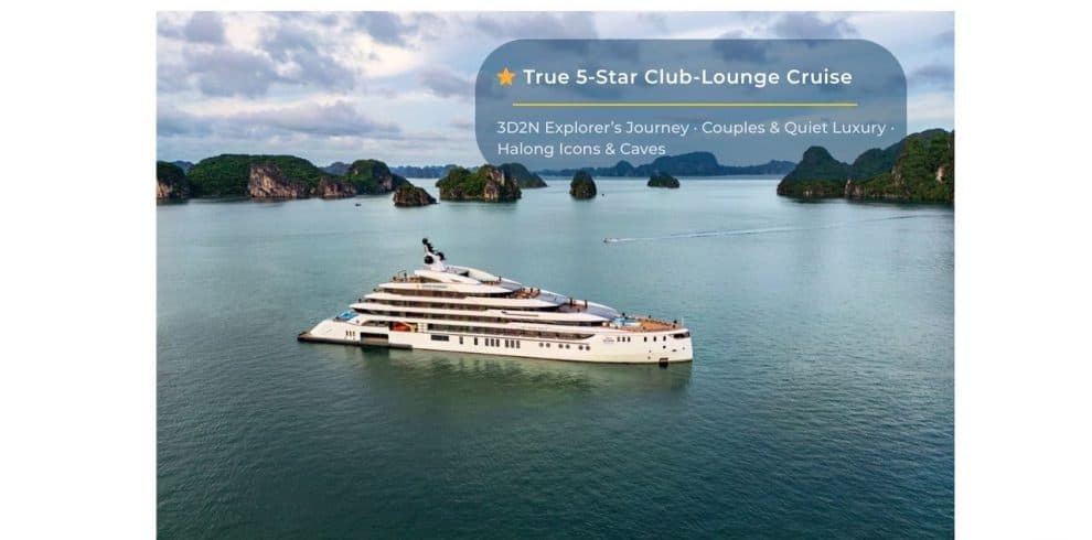 Luxury yacht cruising Halong Bay on a 5-star lounge cruise.