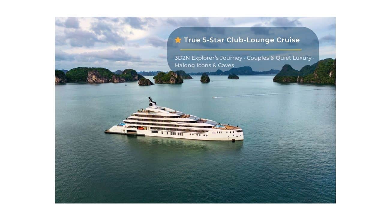 Luxury yacht cruising Halong Bay on a 5-star lounge cruise.