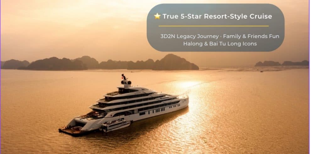 Luxury yacht cruising in Halong Bay at sunset, Vietnam.