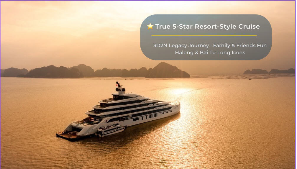 Luxury yacht cruising in Halong Bay at sunset, Vietnam.