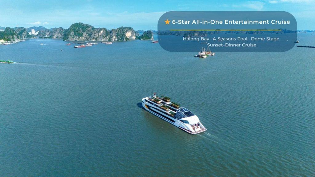 Luxury cruise on Halong Bay with sunset dinner and 4-season pool.