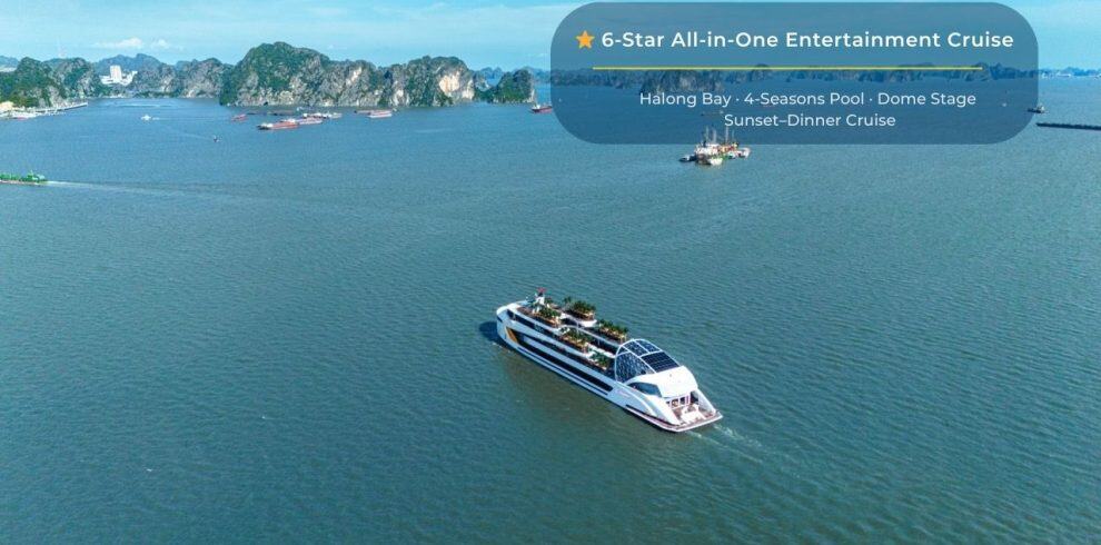 Luxury cruise on Halong Bay with sunset dinner and 4-season pool.
