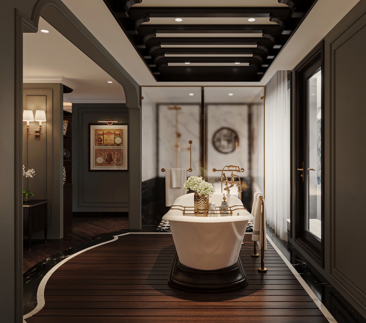 Luxurious bathroom with freestanding bathtub and elegant gold fixtures in a modern spa-inspired space.