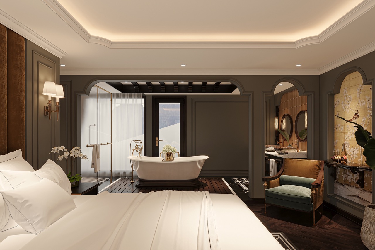 Luxurious hotel room with elegant decor and modern bathroom amenities, perfect for a relaxing getaway.