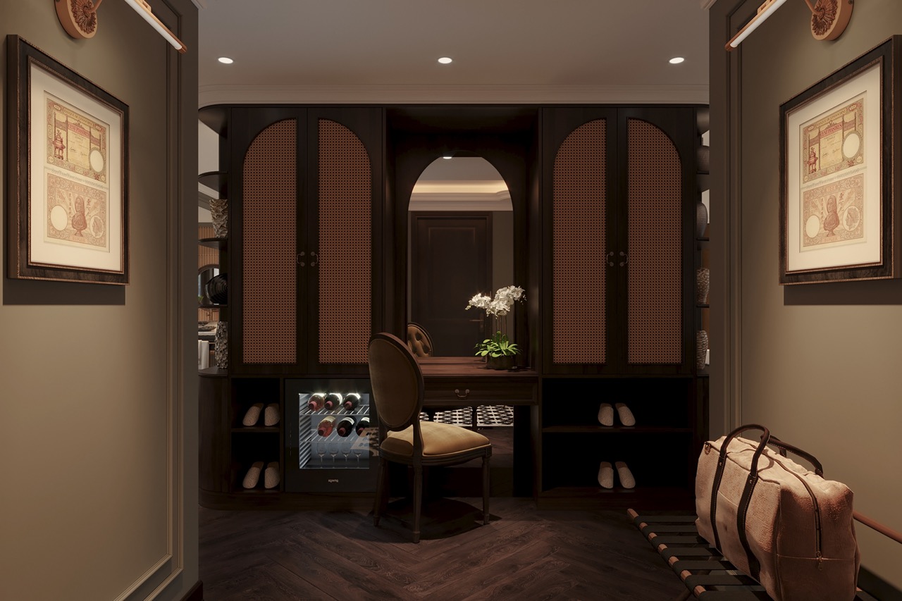 Elegant interior of a luxury hotel room with wine storage and sophisticated decor.