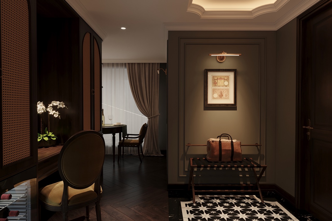 Elegant hotel interior with dark wood accents and stylish decor for luxury travel experiences.