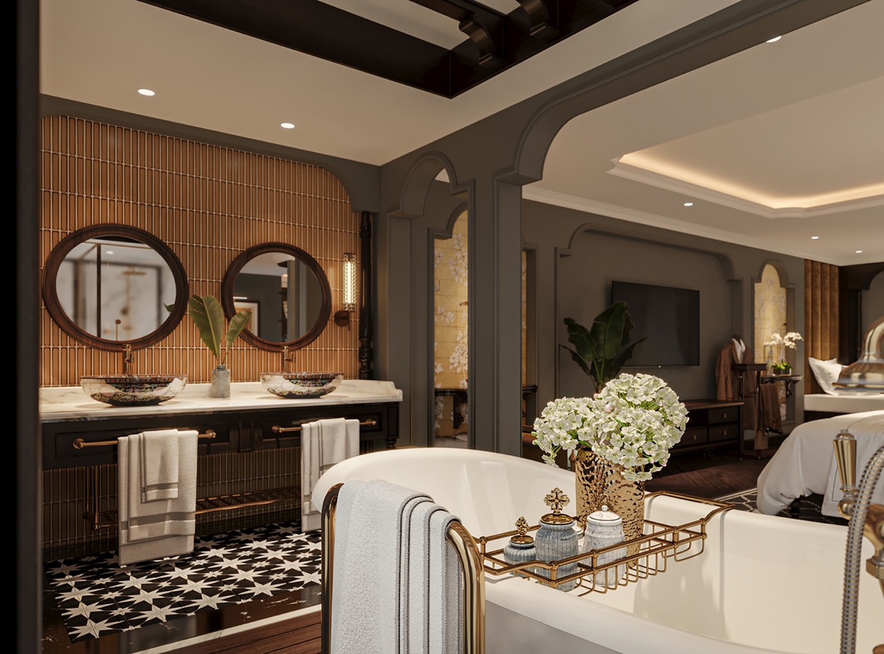 Luxurious hotel bathroom with stylish double sinks, elegant decor, and modern design elements.