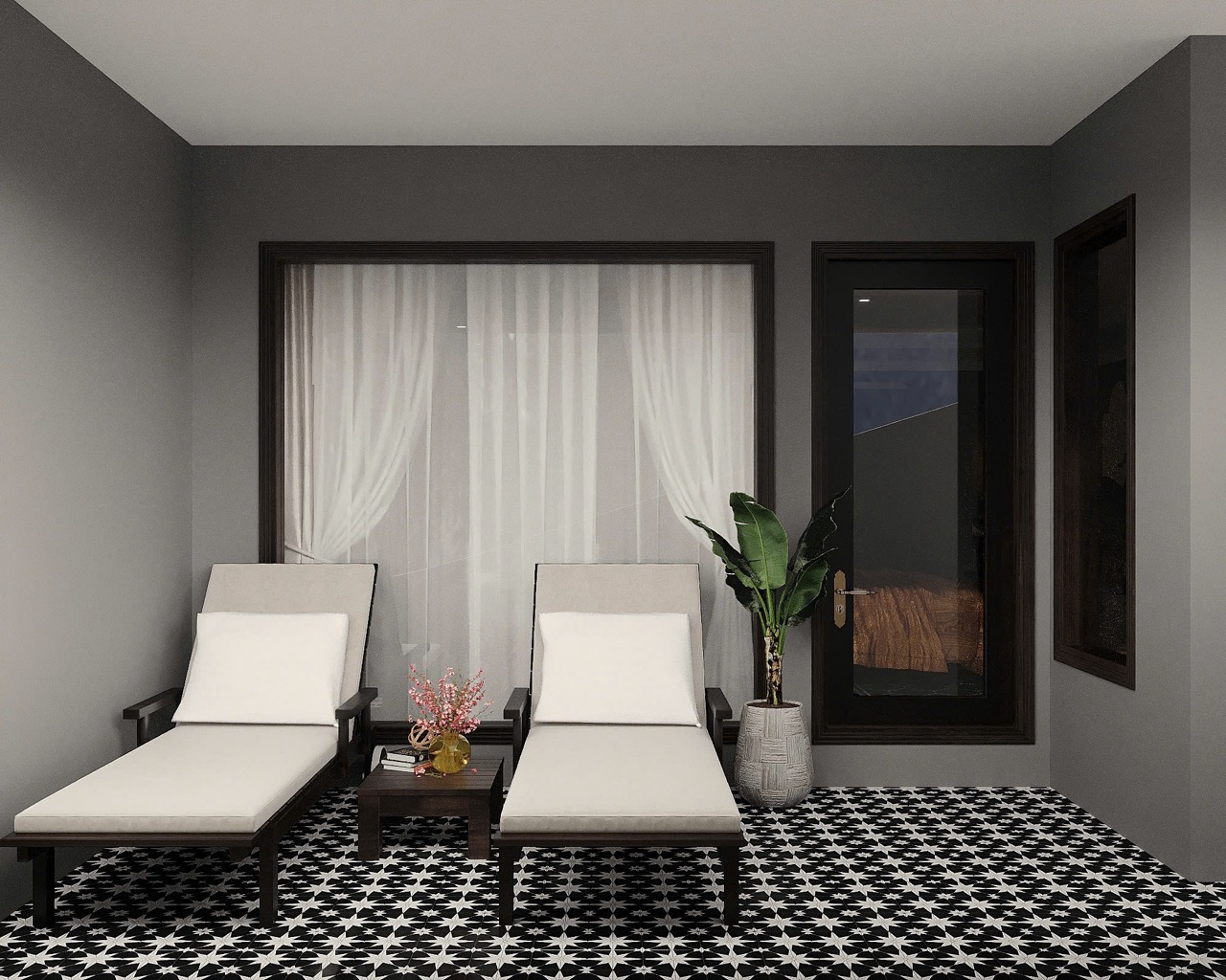 Cozy indoor lounge with modern decor, black and white patterned flooring, and relaxing chairs.