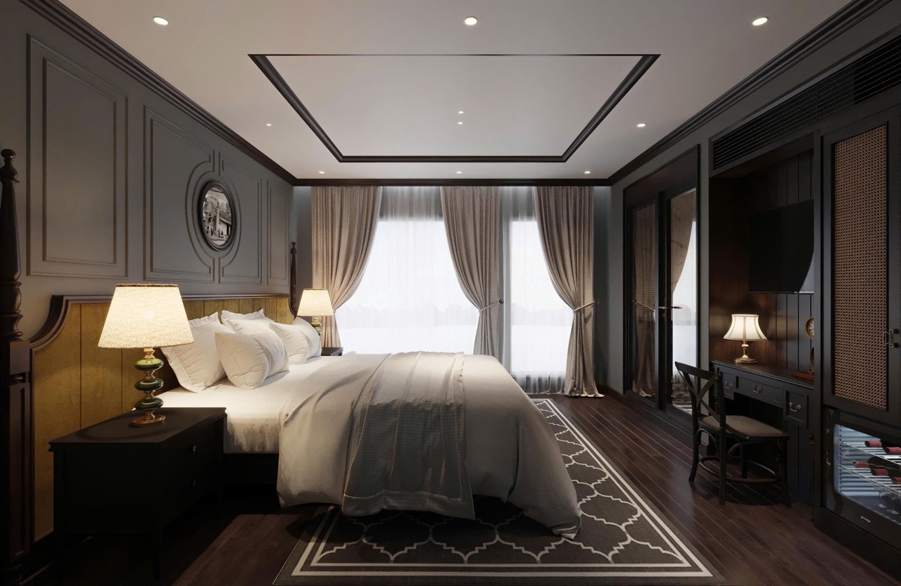 Luxurious hotel bedroom with elegant decor, large windows, and modern furnishings for a premium stay.