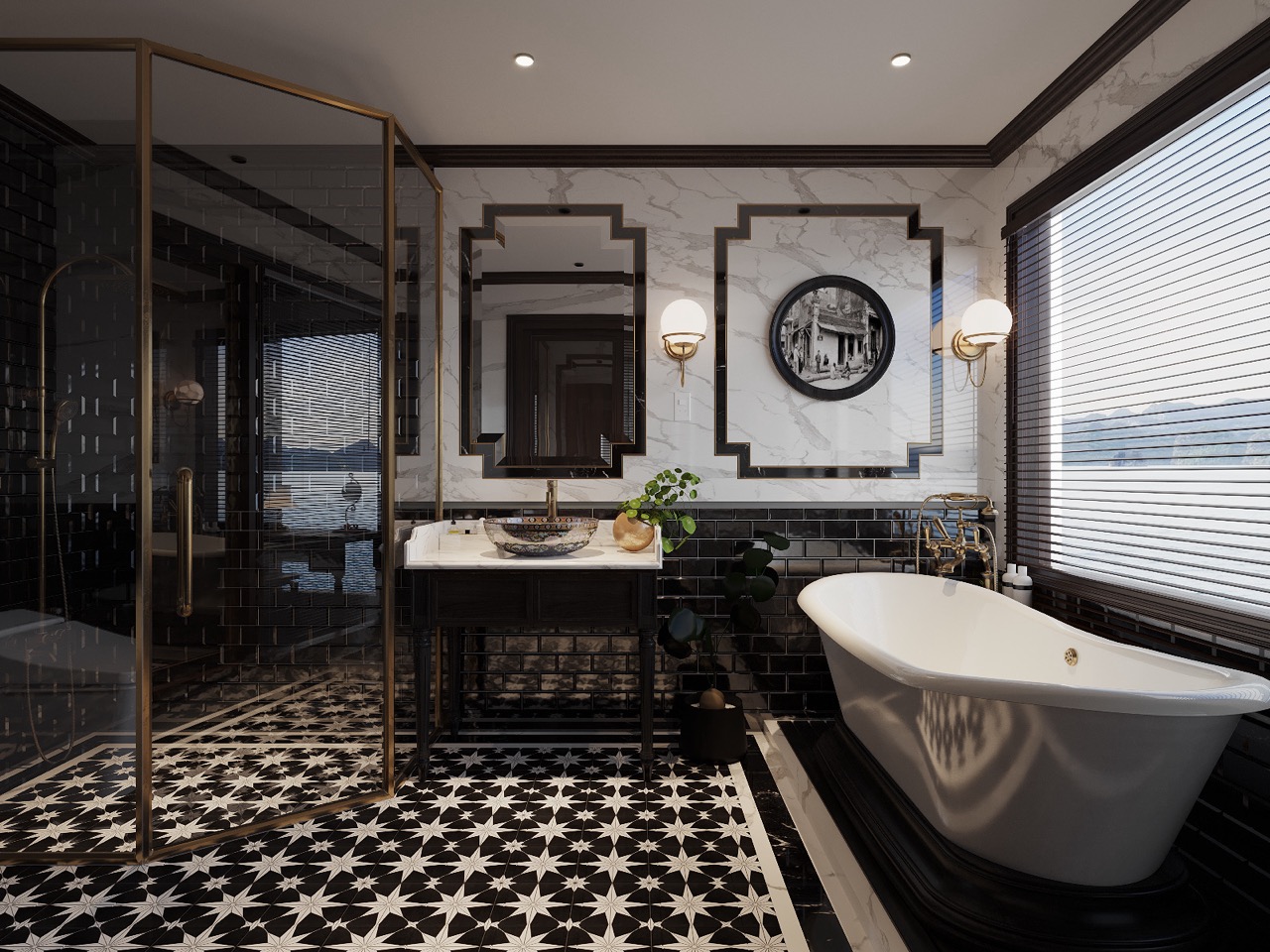 Luxury modern bathroom with bathtub and walk-in shower, black and white marble decor, elegant fixtures, and natural light for relaxation and style.