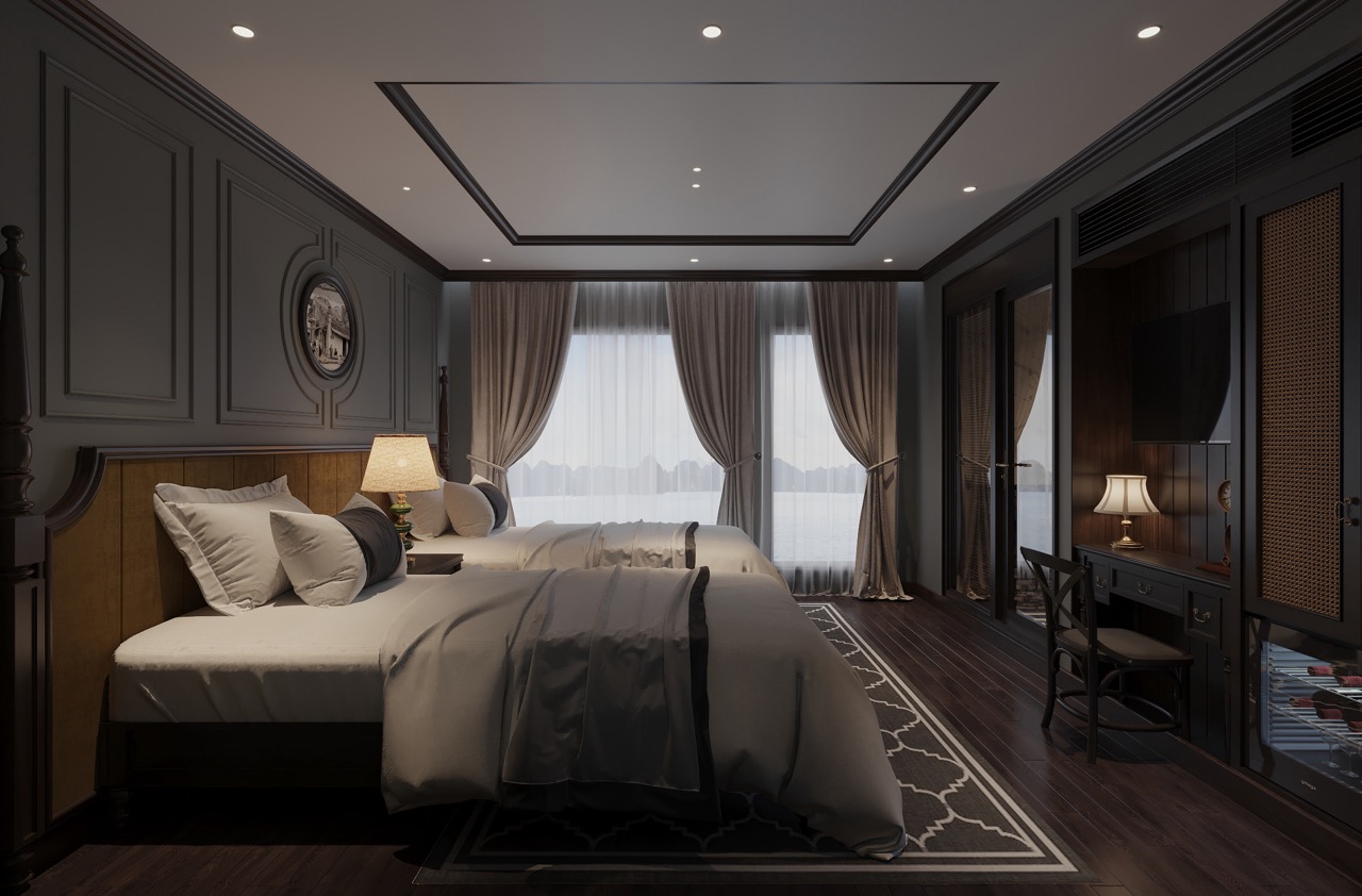 Luxurious hotel bedroom with modern decor, sea view, and elegant furnishings.